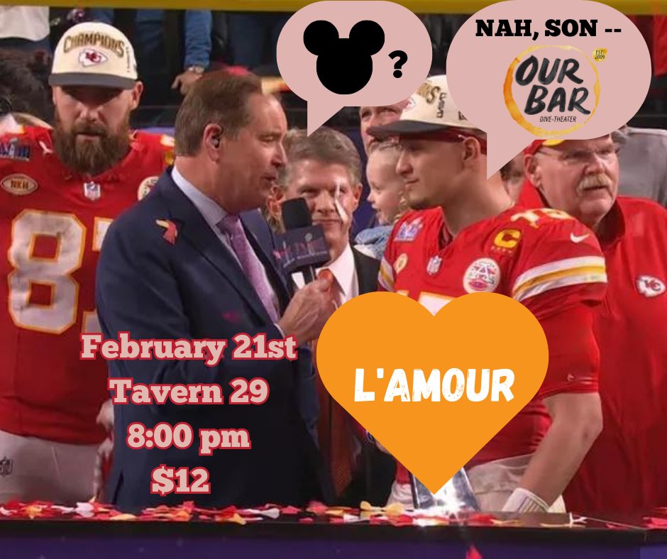 IN TWO DAYS…ok we can’t guarantee Mahomes will be there, but you know what — YOU are our real MVPs!

get your tickets today for Our Bar “L’AMOUR” Feb 21st at 8 pm at <a href="/tavern29/">Tavern29</a>! 

ubmeevents.com/event/bdbac05a…

#ourbarnyc #divetheatre #lamour #theatreinabar #mvp #tavern29 🍻🏈