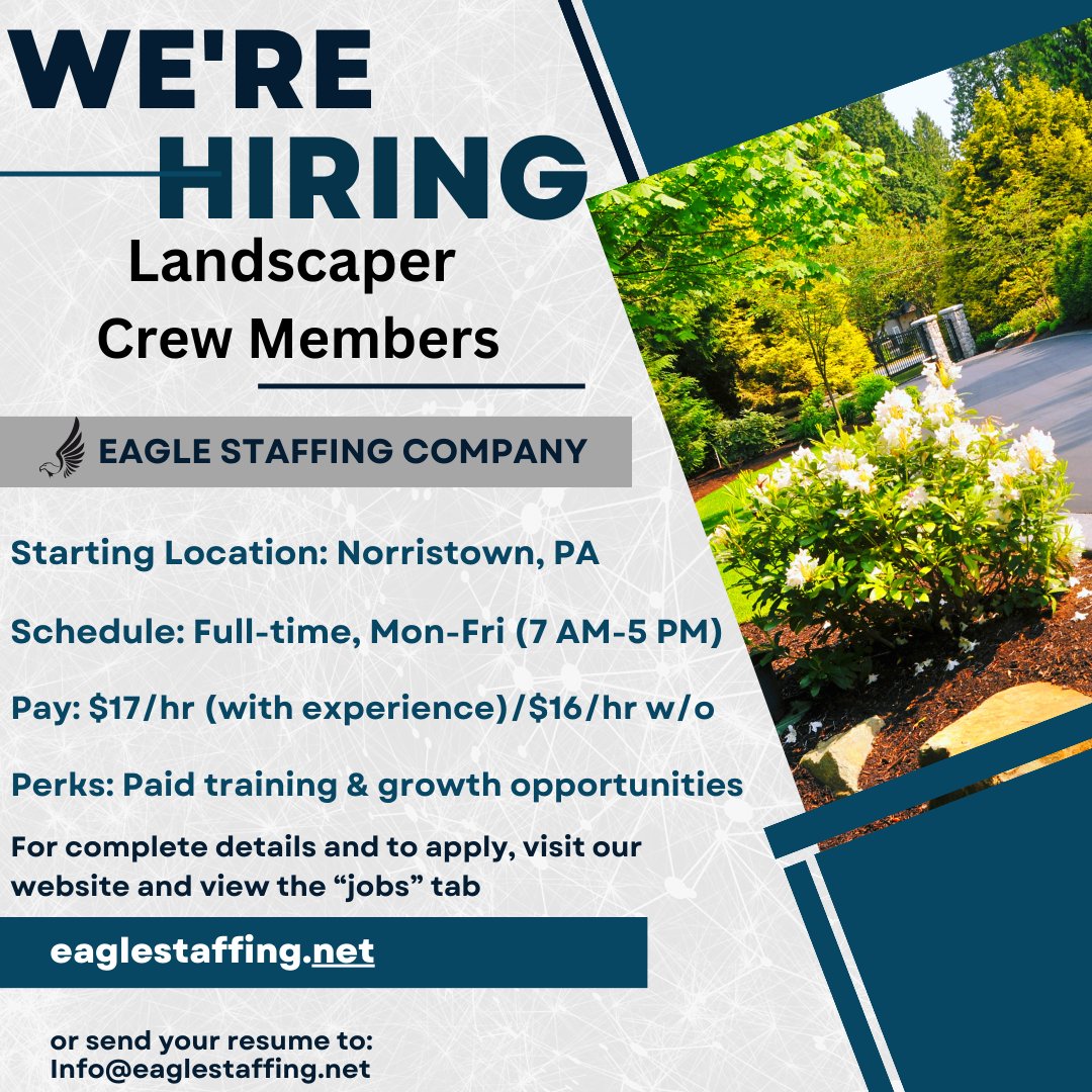 🚀💼 Dive into an upscale landscaping career with Eagle Staffing Company's client! Mon-Fri, 7AM-5PM, + weekly pay. A world of growth awaits.
🌱 Ready to plant the seeds of your future?
👉 eaglestaffing.net (jobs tab)
 #LandscapingLife #HiringNow #NorristownJobs #JoinOurCrew