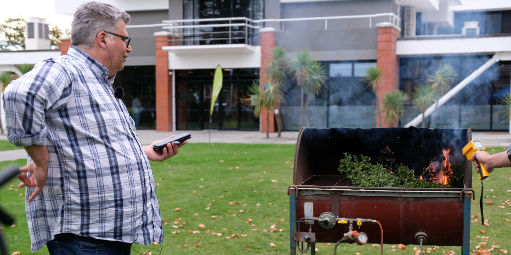 LU Ecologist Tim Curran uses his famous 'plant barbecue' to check the flammability of plants. Seven years ago, he guided the city council on how to replant the area where the 2017 Port Hills fire began. Now the green firebreak is being put to the test: tinyurl.com/4hpn6ta3