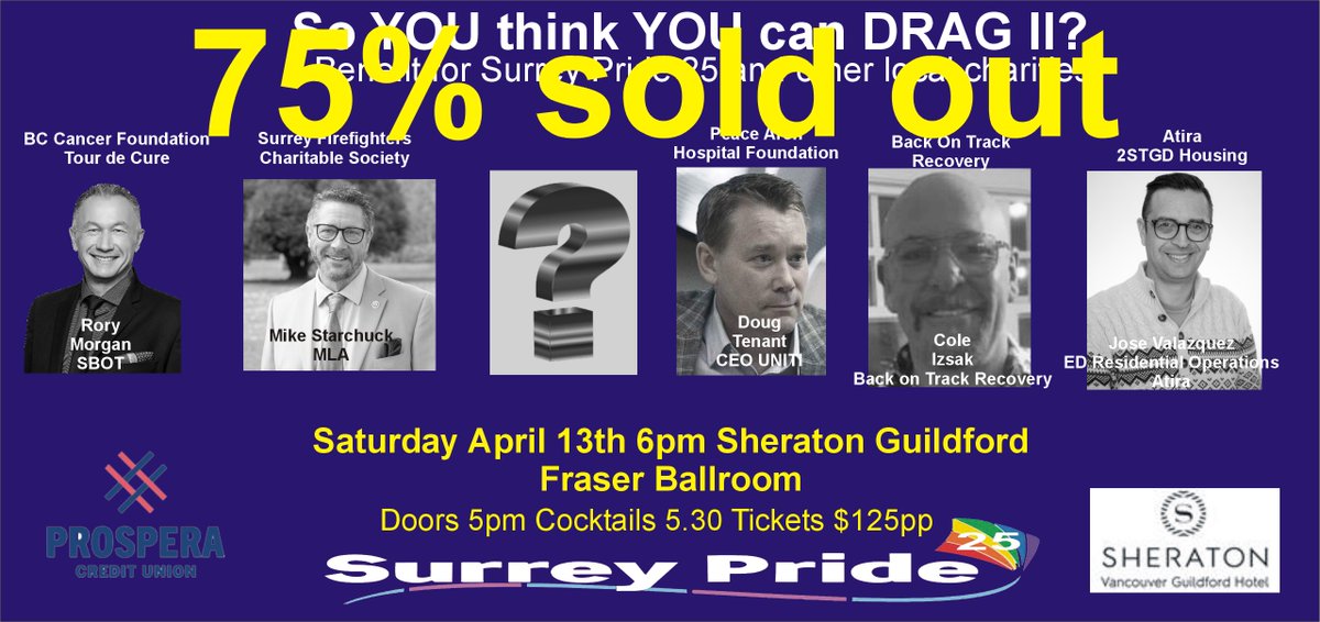 By Popular demand we have added tickets for So YOU think YOU can DRAG? eventbrite.ca/e/782189819807. 5 community leaders raising pledges for local charities. <a href="/DouglasRTennant/">Doug Tennant</a> <a href="/oneCOLEdude/">R. Cole Izsak</a> <a href="/TomZillich/">Tom Zillich</a> <a href="/MikeStarchuk/">Mike Starchuk</a> <a href="/SurreyNowLeader/">Surrey Now-Leader</a> <a href="/SurreyFoodBank/">Surrey Food Bank 🇨🇦</a> <a href="/SurreyChristmas/">Christmas Bureau</a> @drex <a href="/GlobalBC/">Global BC</a>