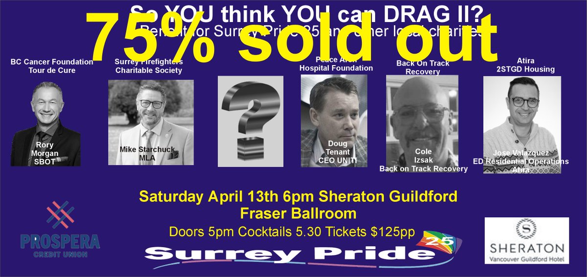 By Popular demand we have added tickets for So YOU think YOU can DRAG? eventbrite.ca/e/782189819807. 5 community leaders raising pledges for local charities. @DouglasRTennant @oneCOLEdude @TomZillich @MikeStarchuk @SurreyNowLeader @SurreyFoodBank @SurreyChristmas @drex @GlobalBC