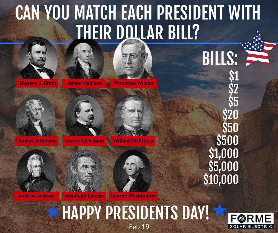 formesolar's tweet photo. 🌟 Happy President's Day from Forme Solar Electric! 🇺🇸 Today, as we honor the leaders who have shaped our nation's history, let's play a fun game! Can you match each president with their corresponding dollar bill? 🧐💵 

#PresidentsDay! #FormeSolar #RenewableEnergy https://t.co/CPuuYGXWmq