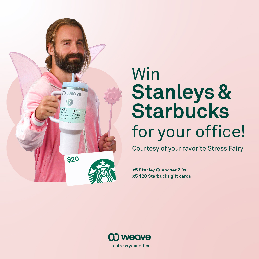 Win five new Stanley Quencher 2.0's and five $20 Starbucks gift cards for you and your office!

To enter the giveaway:
Fill out this form rebrand.ly/yuia3f5
Follow <a href="/getweave/">Weave</a>
Tag us in a post and tell us how you #UnstressYourOffice

Winners will be announced in March.
