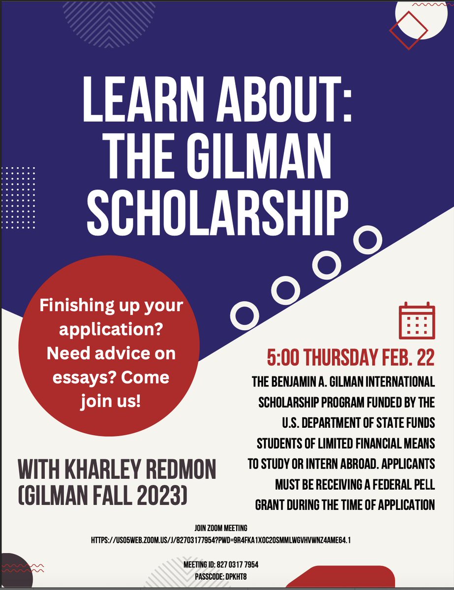 🌟 Exciting Opportunity for Pell Grant Students! 🌍 Apply for the prestigious Gilman Scholarship, supporting international experiences!

🗓️ Thurs, Feb. 22
⏰ 5:00 PM
📍 Via Zoom: Link

More info: bit.ly/2OzCQP9