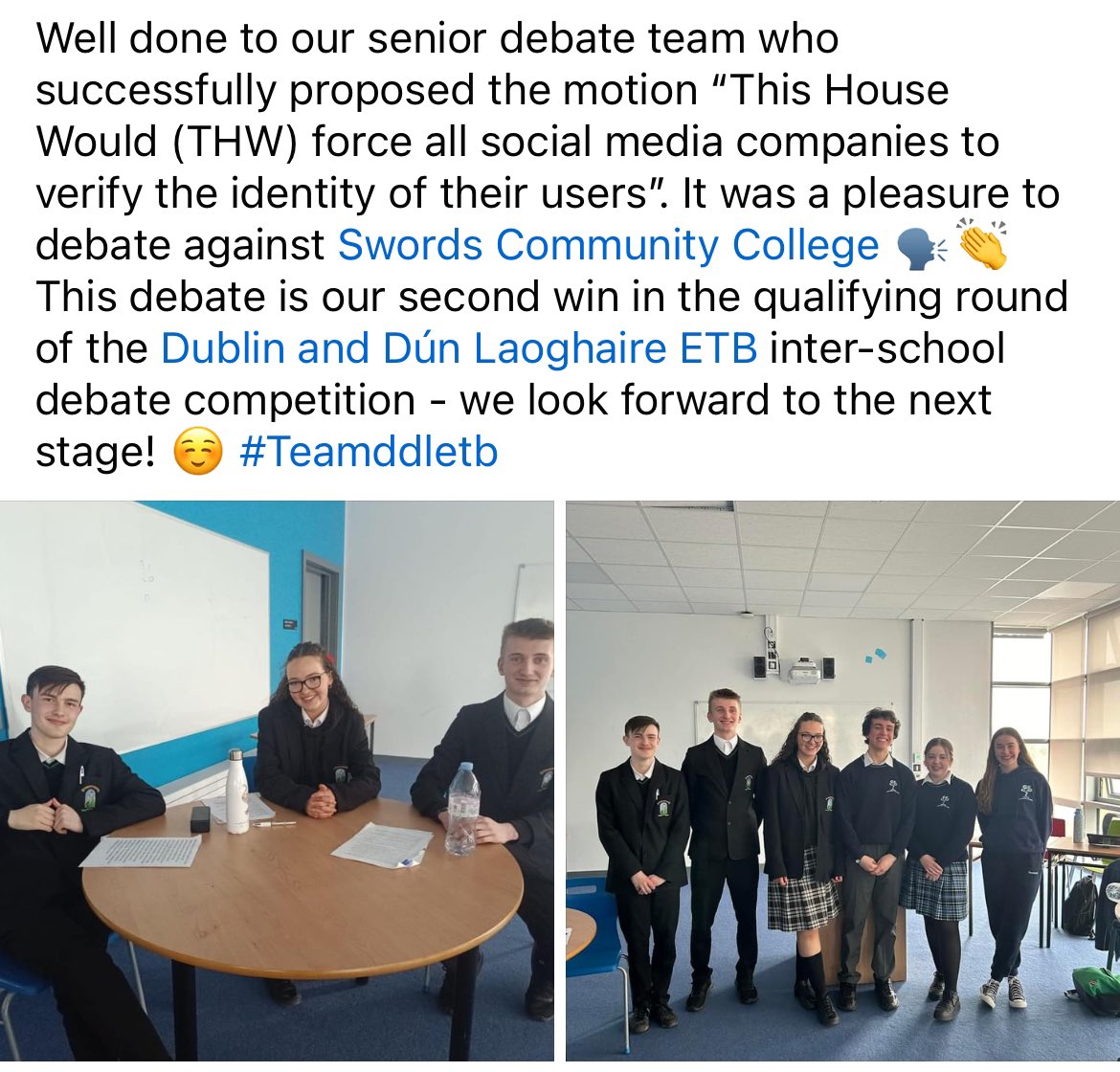 Lei (@msleiroo) on Twitter photo Delighted for our <a href="/FingalCC/">Fingal Comm College</a> <a href="/ErinKennerney/">Erin K</a> senior debate team with their win today 👏 Was a great debate, thank you to our gracious hosts Swords Community College ☺️ <a href="/ddletb/">Dublin & Dún Laoghaire ETB</a> Delighted for our <a href="/FingalCC/">Fingal Comm College</a> <a href="/ErinKennerney/">Erin K</a> senior debate team with their win today 👏 Was a great debate, thank you to our gracious hosts Swords Community College ☺️ <a href="/ddletb/">Dublin & Dún Laoghaire ETB</a>
