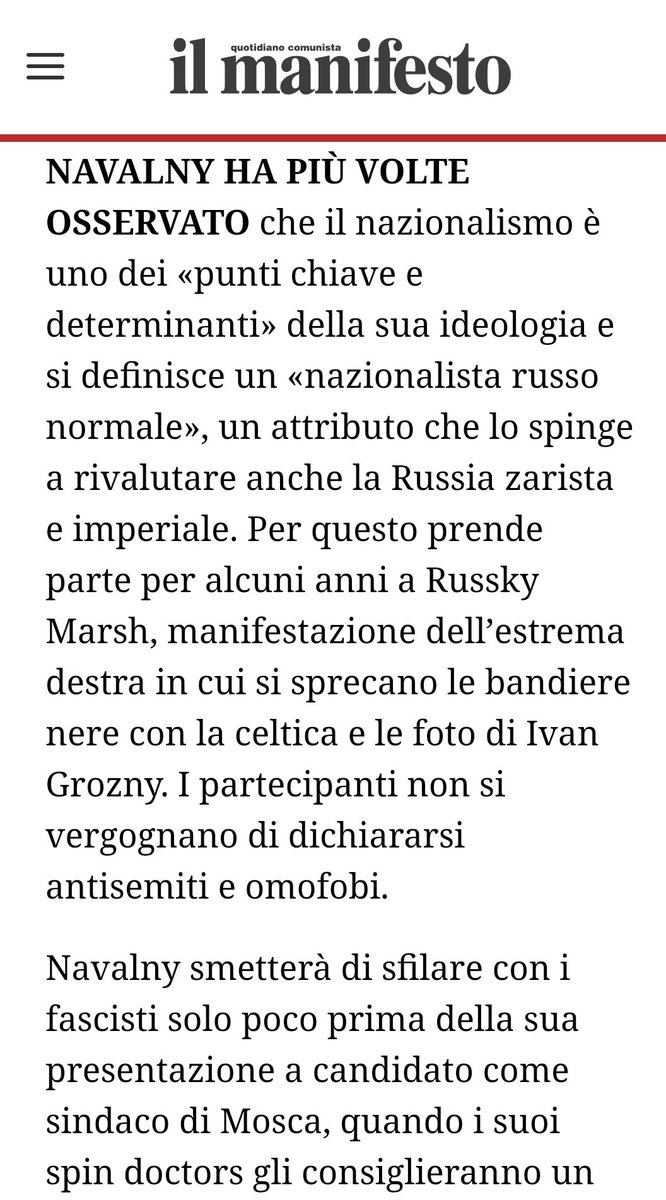 Per condannare #Putin, la #stampaputtana è disposta a #santificare uno con idee di #estremadestra. 
Cioè idee #naziste.
#Navalny dico.😏