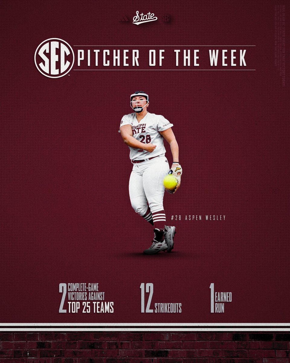 𝓣𝔀𝓲𝓬𝓮 𝓪𝓼 𝓷𝓲𝓬𝓮 @aspen_wes's two complete-game victories earn her @SEC Pitcher of the Week honors! 📰 hailst.at/3PcdCYD #HailState🐶
