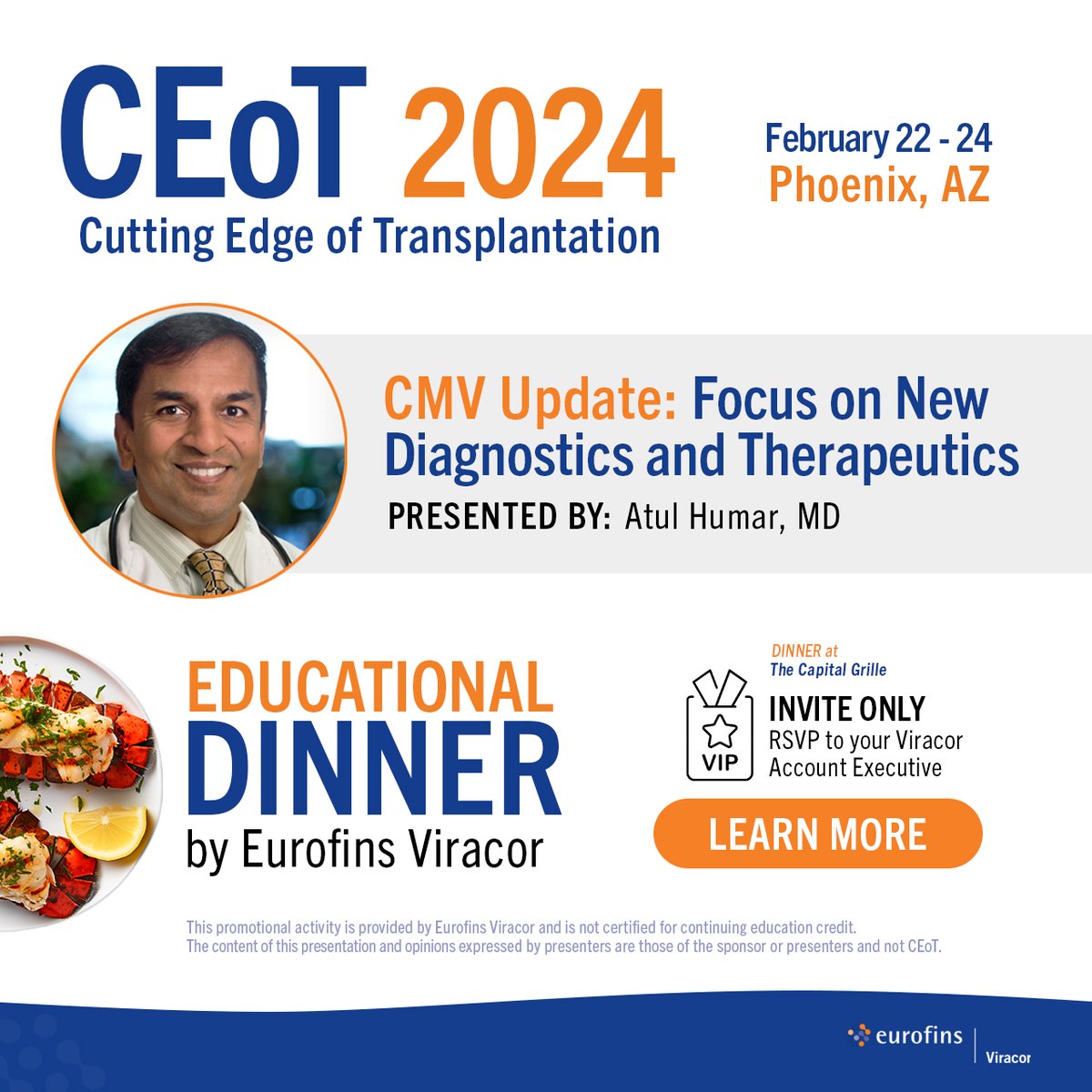 eurofinsviracor's tweet photo. #CEoT begins this week! Join us for an educational dinner, ‘CMV Update: Focus on New Diagnostics and Therapeutics,’ presented by Atul Humar, MD, of @UofT.
📧RSVP to your @EurofinsViracor Account Executive for dinner at The Capital Grille. 🍴 🍤 🦞
📅Friday, Feb 23rd from 7:30-10:30pm
👋Don't have a Viracor contact?
Slide into our DMs and get on the list.
Learn more about us! 👇
https://t.co/kGuvj09pXl
#CMV #IDtwitter @AST_info @UHN #CEoT2024