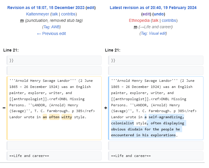 ethnopedia's tweet photo. As narrativas na Wikipédia são raramente construídas de maneira explícita. Às vezes é algo mais sutil — como descrever como "witty", 'espirituosa, engraçadinha', a escrita de um típico viajante inglês carregada de racismo e senso de superioridade colonial. https://t.co/cuIdouRos0 https://t.co/6kV5z4iMRD