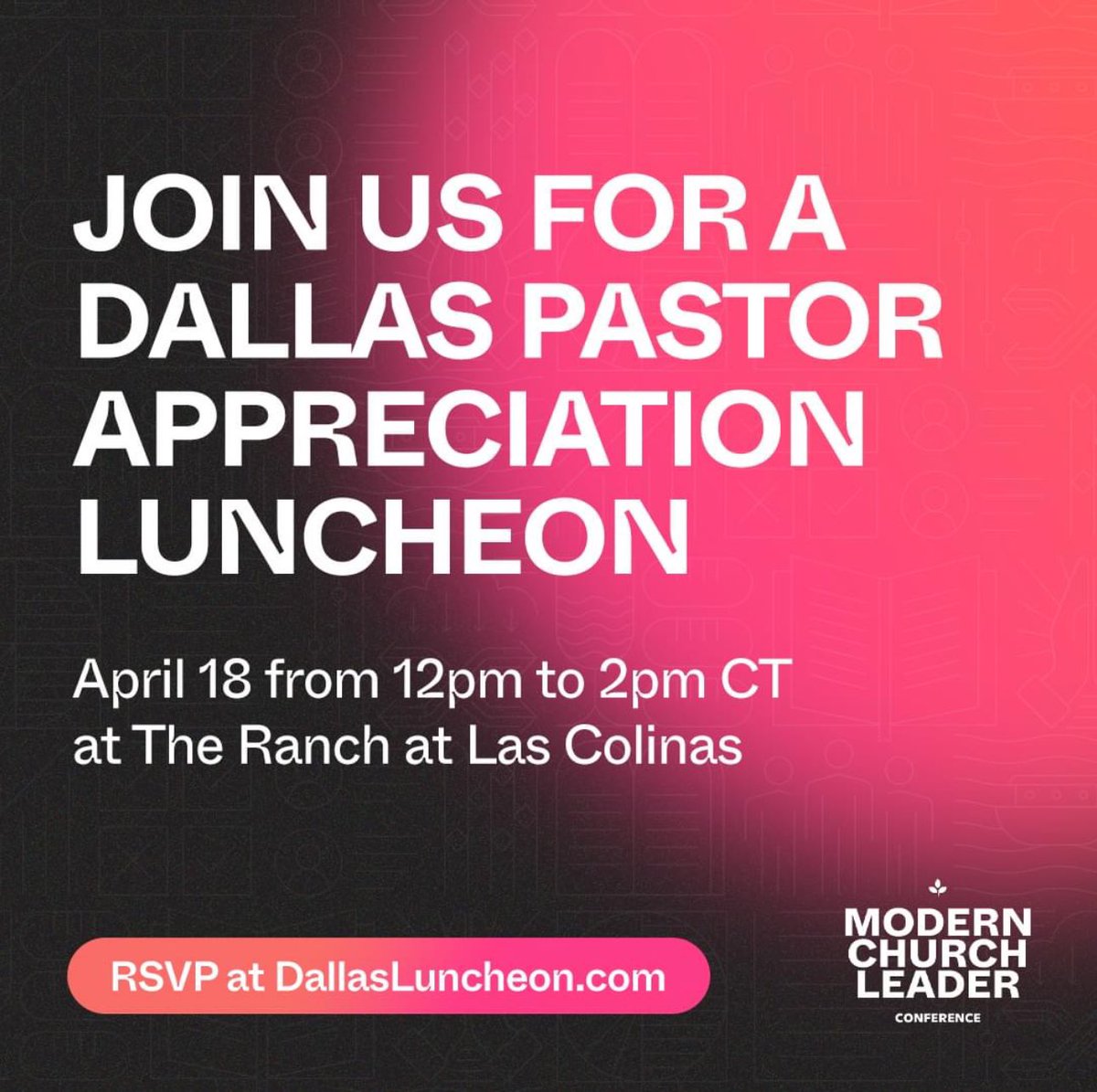 Dallas here we come🤠

We’re hosting a luncheon to celebrate Dallas pastors &amp; church leaders! 

Enjoy a free lunch, network with peers, and hear about the upcoming Modern Church Leader Conference. 

Win prizes! Bring your staff! 

DallasLuncheon.com