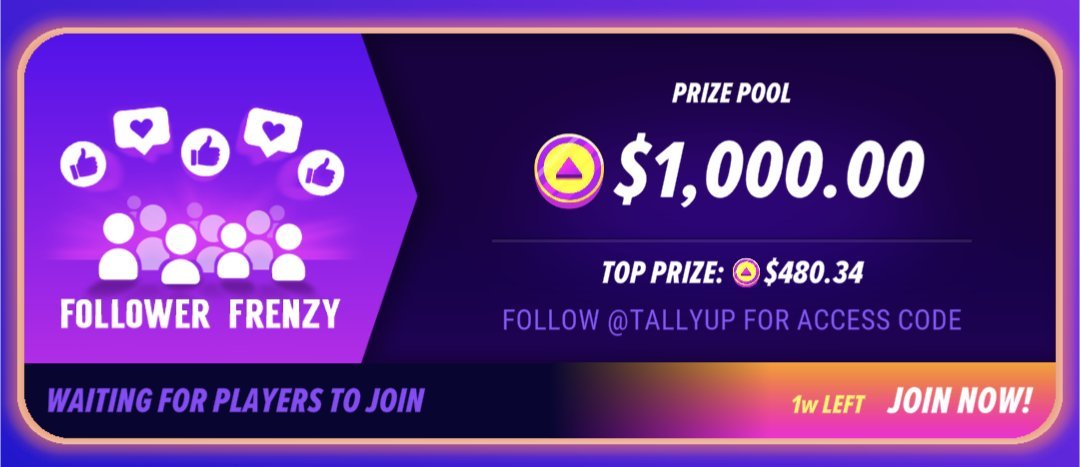 📣 NEW Follower Frenzy Tournament with a $1000 prize pool📣

Like &amp; retweet this post, follow us and we'll DM you the access code 📧

This tweet expires in 3 days, please check our newest pinned post on @TallyUP

DMs can take up to 5 minutes to send, and you must be following us!