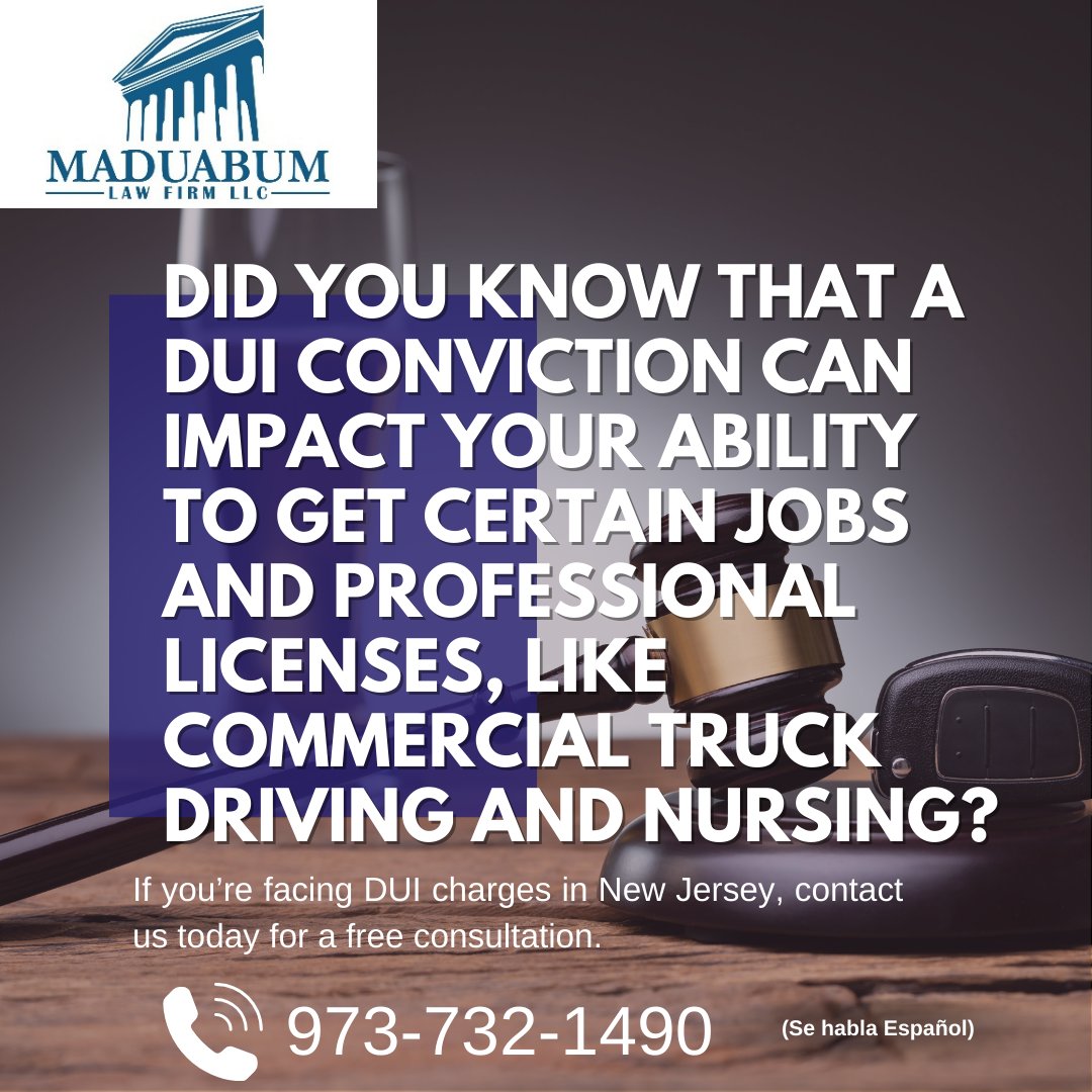Did you know a DUI conviction can affect your career opportunities? From commercial truck driving to nursing, your professional licenses could be at risk. 

Let us protect your future. 
☎️ 973-732-1490

 #LegalAdvice #dui #careeropportunities #criminalrecord #professionallicense