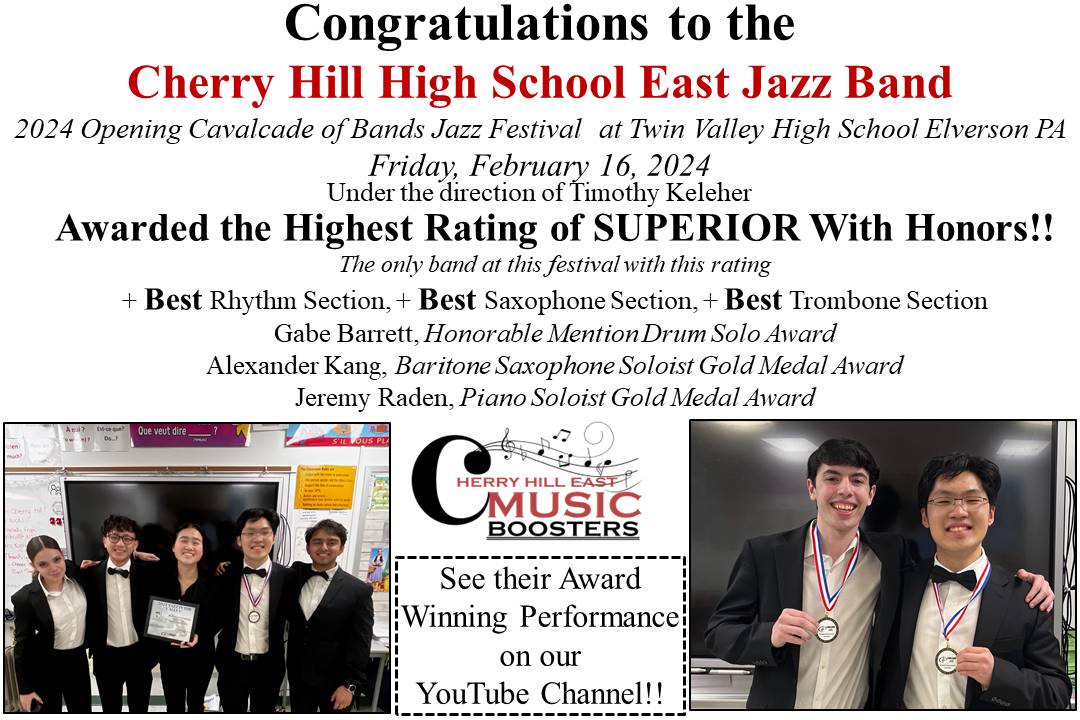 Congrats to our Cherry Hill East Jazz Band on another multiple award winning performance at the Opening of the Cavalcade of Bands Festival on February 16, 2024! Here's a video of their award winning performance!! youtu.be/I9oWSvFMdlM Lets Go East!!