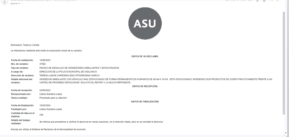 fedecan1991's tweet photo. Muchas gracias querida @AsuncionMuni por dar finalizado mi reclamo en tan solo 8 meses. Les recomiendo que utilicen el sistema de reclamos de la Muni de Asunción. No decepcionan. @nenechopy. Lista 1 de punta a punta! https://t.co/UikglEBfRW