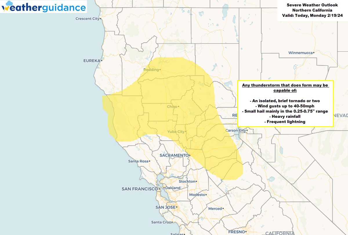 An isolated tornado or two will be possible this afternoon and into the evening hours tonight across portions of North-Central California. 

See more details with our interactive map, outlooks, and more at httpbit.ly/2WPnhGVp