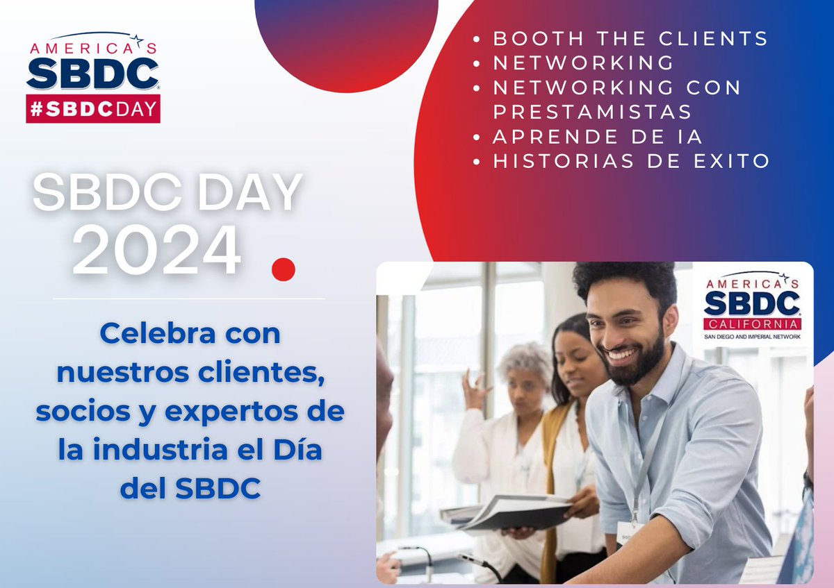 centrosbdc's tweet photo. SBDC Day ¡Prepárate para una jornada llena de aprendizaje y conexiones que harán crecer tu negocio!
Tendremos: booths de nuestros clientes ofreciendo sus productos y servicios, panel de entidades financieras, experto en inteligencia artificial y más.
https://t.co/bZ9wp109WB https://t.co/ggT8c2h1lb