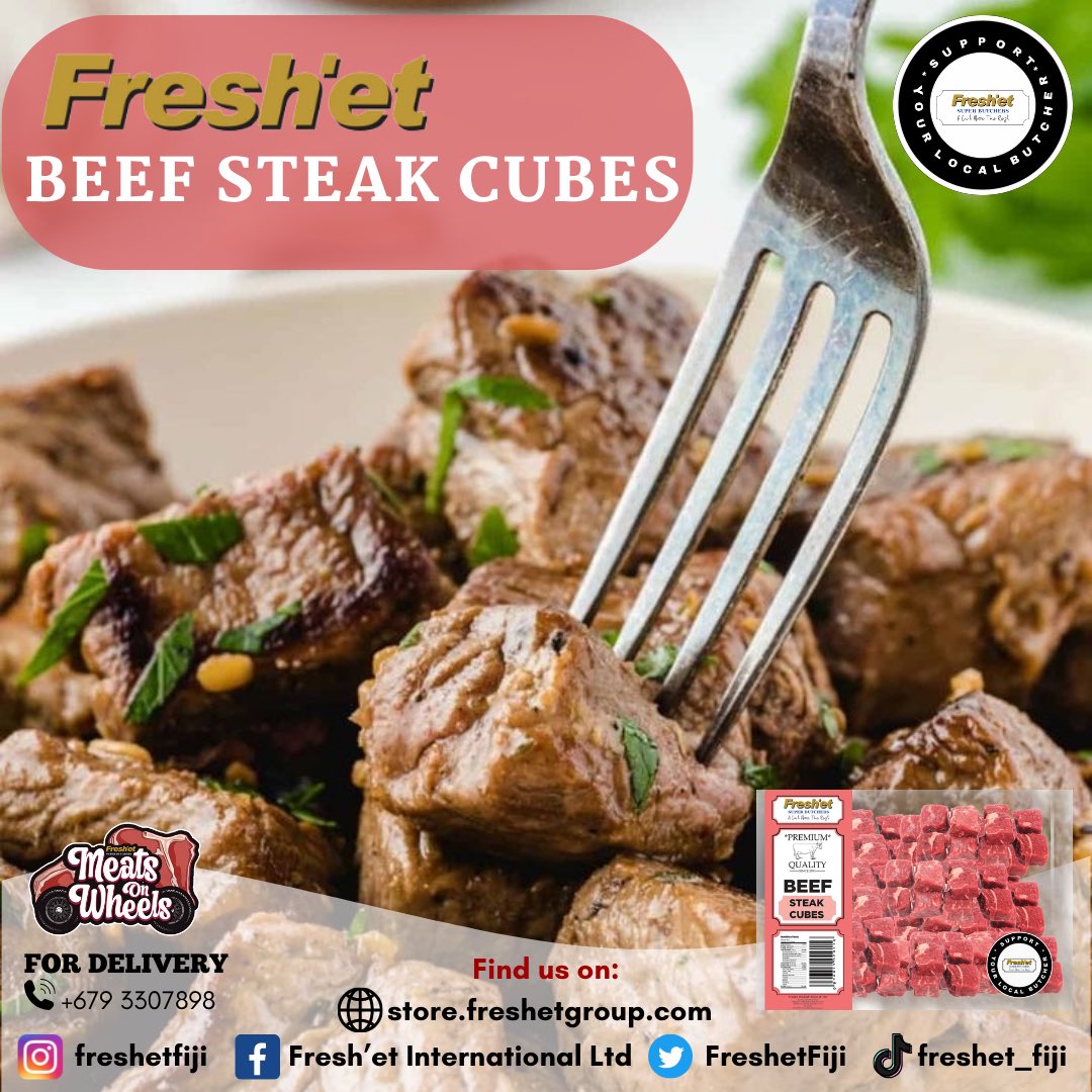 FreshetFiji's tweet photo. Get ready to savor every bite of our tender steak cubes. It’s steak perfection in every mouthful! Grab your 500g packs today at your nearest Extra Supermarket, Newworld IGA, True Mart Supermarkets or Kundan Singh Tamavua or order today https://t.co/j2U24QbWSH

#freshetfiji https://t.co/FAETvl9PV4