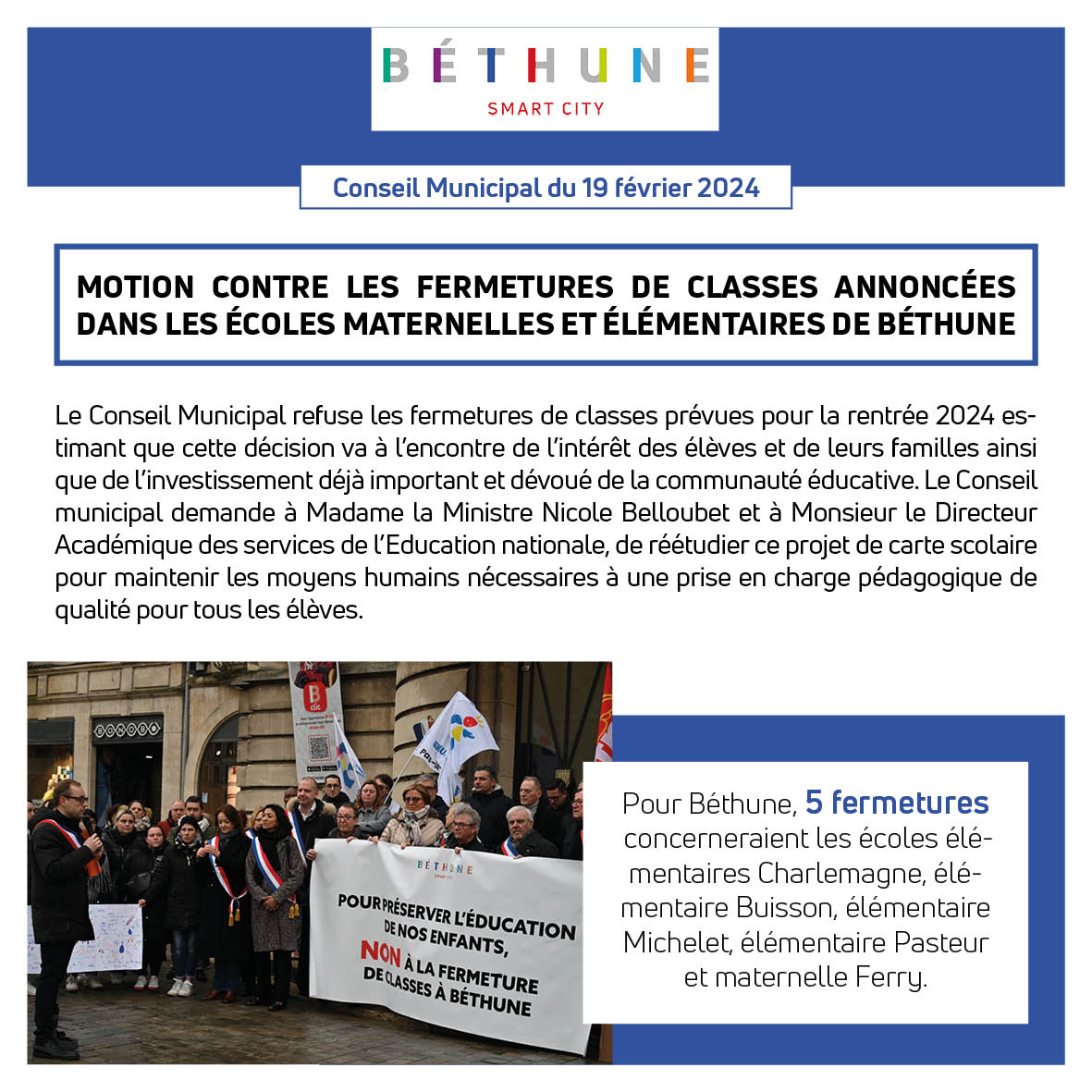 VilleBethune's tweet photo. Motion contre les fermetures de classes annoncées dans les écoles maternelles et élémentaires de Béthune. https://t.co/kR1i2DjT84