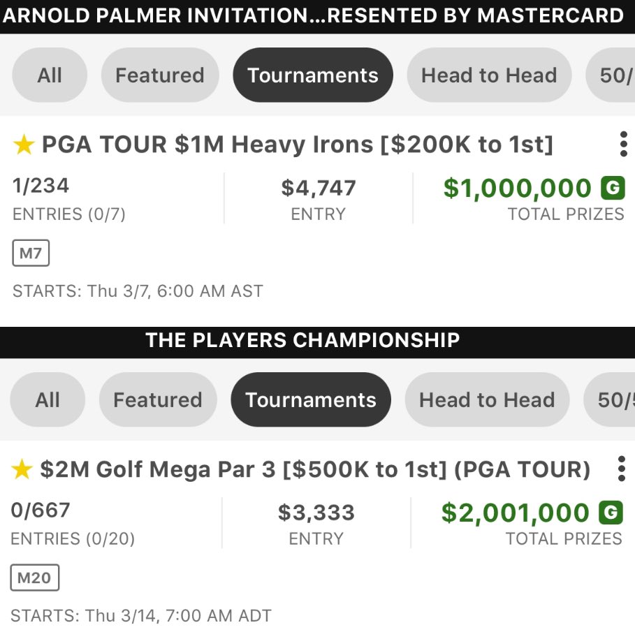 ToeTagginTambo's tweet photo. Looks like @DraftKings is rolling out some heavy hitter contests early for both the #APIInv &amp; #THEPLAYERS

👀⛳️💰🚀 https://t.co/yEyqL3mNfK