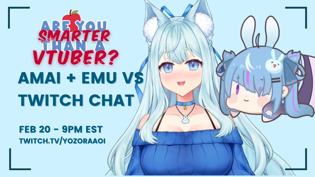 YozoraCh's tweet photo. Have you ever been watching a stream thinking how much bigger your brain is than your favorite streamer? Well here's your chance to prove it!

Our first two brave victims @aiamaiami and @emucchi_ are putting their IQ on the line to put twitch chat in their place!! https://t.co/x7XVtnFOMk