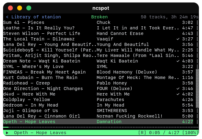 xtanion's tweet photo. Recent discovery: `ncspot` (A TUI application for Spotify written in Rust)
Solves my high memory usage of Spotify official client on Debian 12 (which is working really great as of now) 

Spotify App: 318Mib
Ncspot: 25 Mib (playing the same song)

https://t.co/A7jzu42gRi https://t.co/9sf4EvsrOm