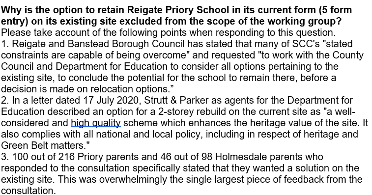 <a href="/ItspossibleFYI/">anythingispossible</a> <a href="/SurreyCouncil/">Surrey County Council Customer Services</a> <a href="/RayReil99800379/">Ray Reilly</a> <a href="/ReigateRabbit/">ReigateRabbit</a> <a href="/LoveReigate/">LoveReigate</a> <a href="/yourtownreigate/">Your Town Reigate</a> <a href="/surreylive/">SURREY LIVE NEWS</a> <a href="/BBCSurrey/">BBC Surrey</a> <a href="/MailOnline/">Mail Online</a> <a href="/TheSun/">The Sun</a> Question 1 Why is the option to retain Reigate Priory School in its current form excluded from the scope of the working group?