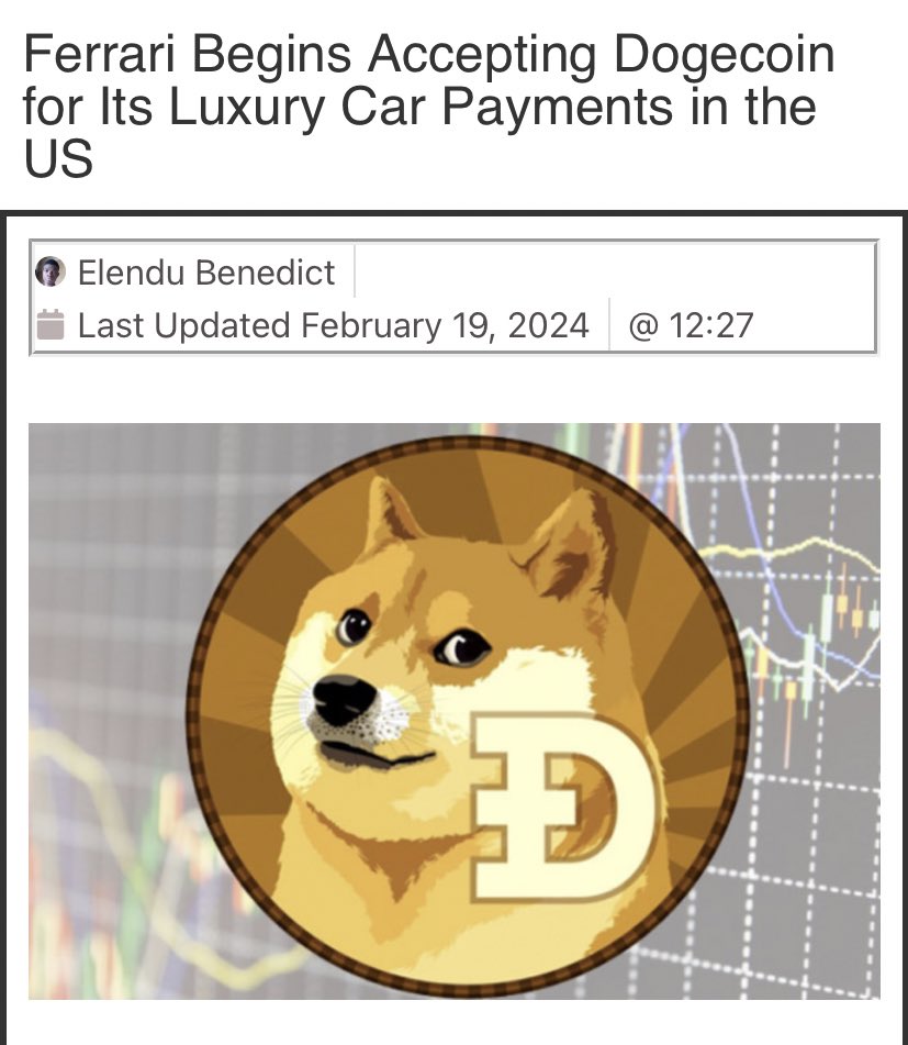 Ferrari now accept Dogecoin as payment. (I’d still rather buy a Tesla with Doge. *wink-wink* 😉)