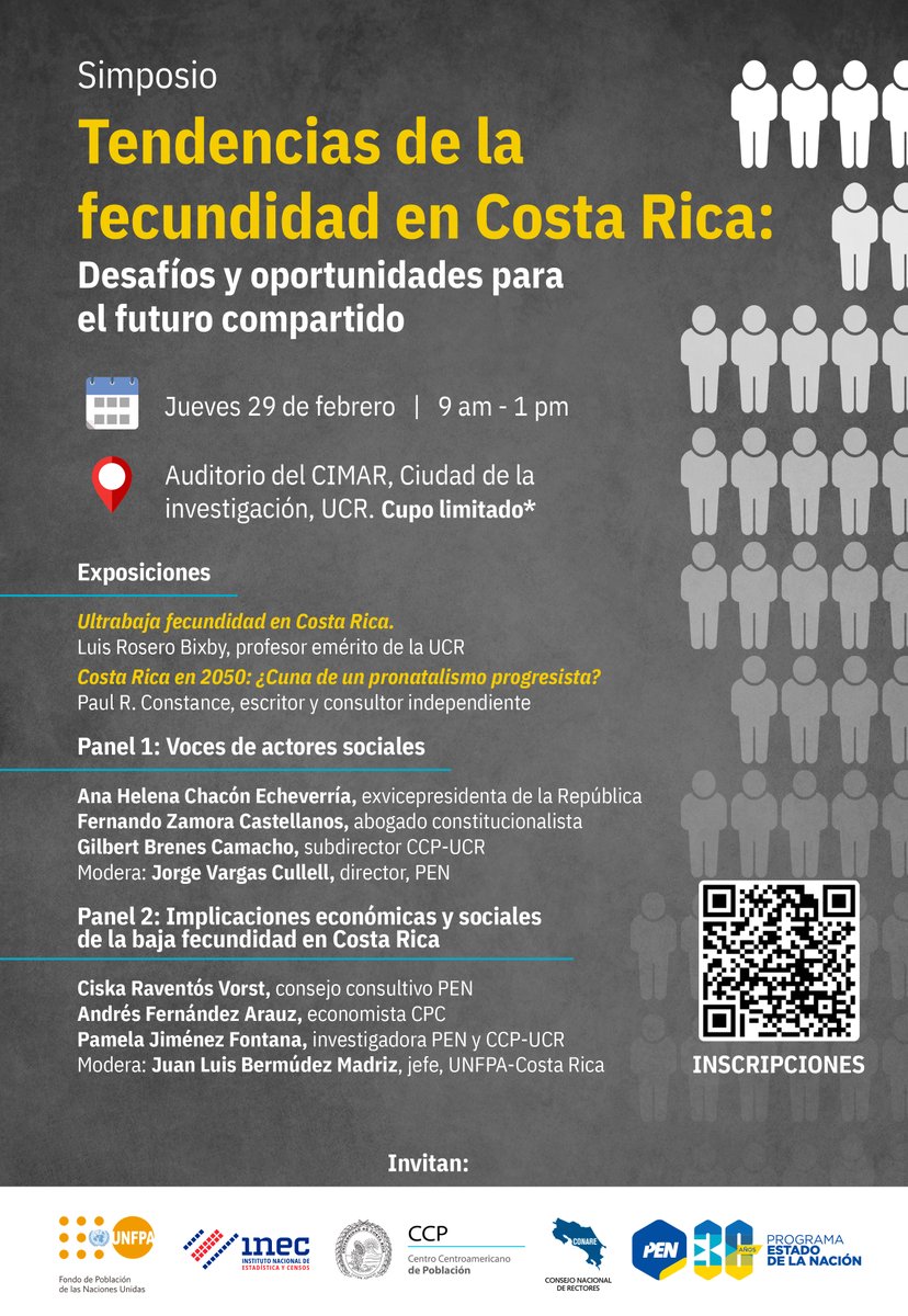 Simposio Tendencias de la fecundidad en CR: Desafíos y oportunidades para el futuro compartido, 29 de febrero - 9 a.m. Auditorio de CIMAR, Ciudad de la Investigación, UCR.

Inscripciones bit.ly/3OLN0NC

CCP - <a href="/UniversidadCR/">UCR</a> , <a href="/INECCR/">INEC Costa Rica</a> , <a href="/EstadoNacion/">Estado de la Nación</a> y <a href="/UNFPACostaRica/">UNFPA en Costa Rica</a>.
