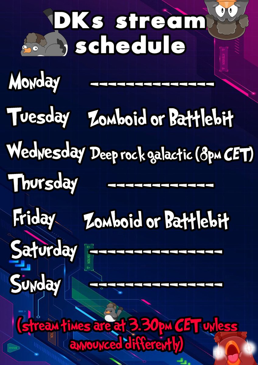 Ehi birbs in here! Got ourself a schedule this week: Still on debate for tomorrow and friday, but Wednesday we have <a href="/DeExpansion/">🍪 Expansion 🍪</a>  and @DoritosTheGuy  playing with us, at 8pm differently than our usual time. See you then!