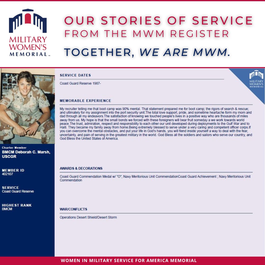 HAPPY BIRTHDAY, US COAST GUARD RESERVE!

We hope you enjoy a few stories of service from our MWM Register highlighting some of our dedicated USCGR women. Thank you for you service!

TOGETHER #WeAreMWM
#HerMemorial
#USCGR