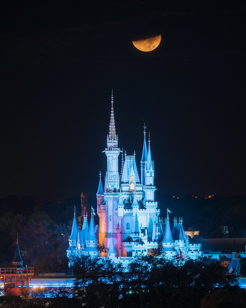 The moon setting over Cinderella Castle. Captured from the Bay Lake Tower on 2/16