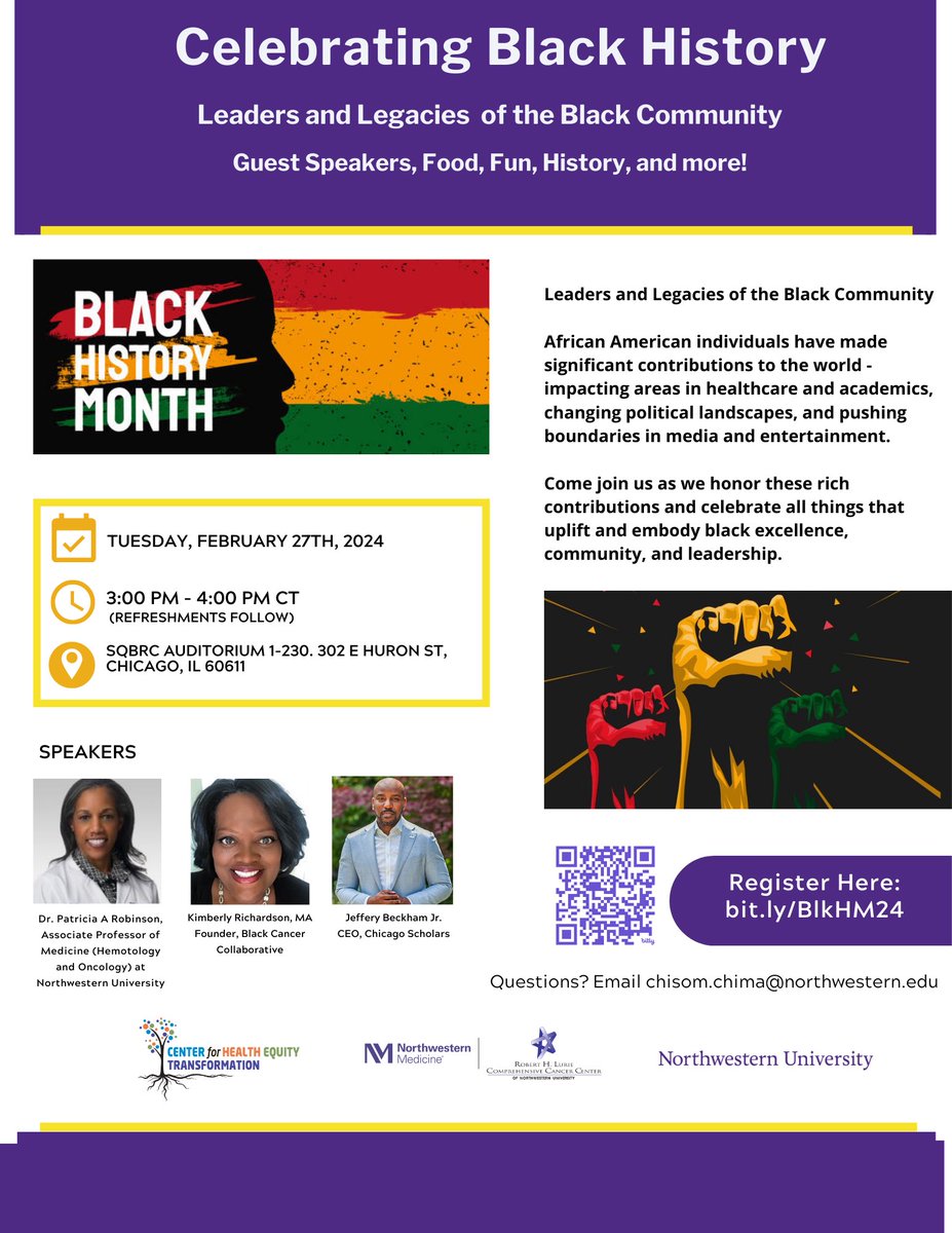 Join @HealthEquityNU and @LurieCancer next week on Tuesday, February 27th, 2024 in celebration of Black History Month featuring guest speakers! 📆 Tuesday, February 27th, 2024 🕕 3PM - 4PM (refreshments follow) RSVP: bit.ly/BIkHM24