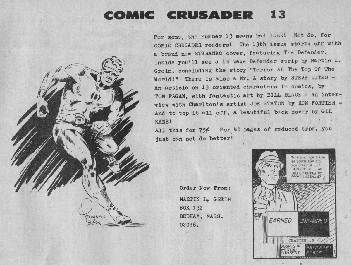 From the Buyer's Guide for Comic Fandom #23 (October 1972) is this ad for Martin Greim's Comic Crusader #13, featuring art by Jim Steranko, inked by Bill Black, and also art by Steve Ditko!  I do have this one in my collection!