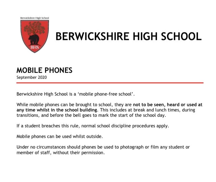 Berwickshire High School’s policy on mobile phones: simple, practical and effective.