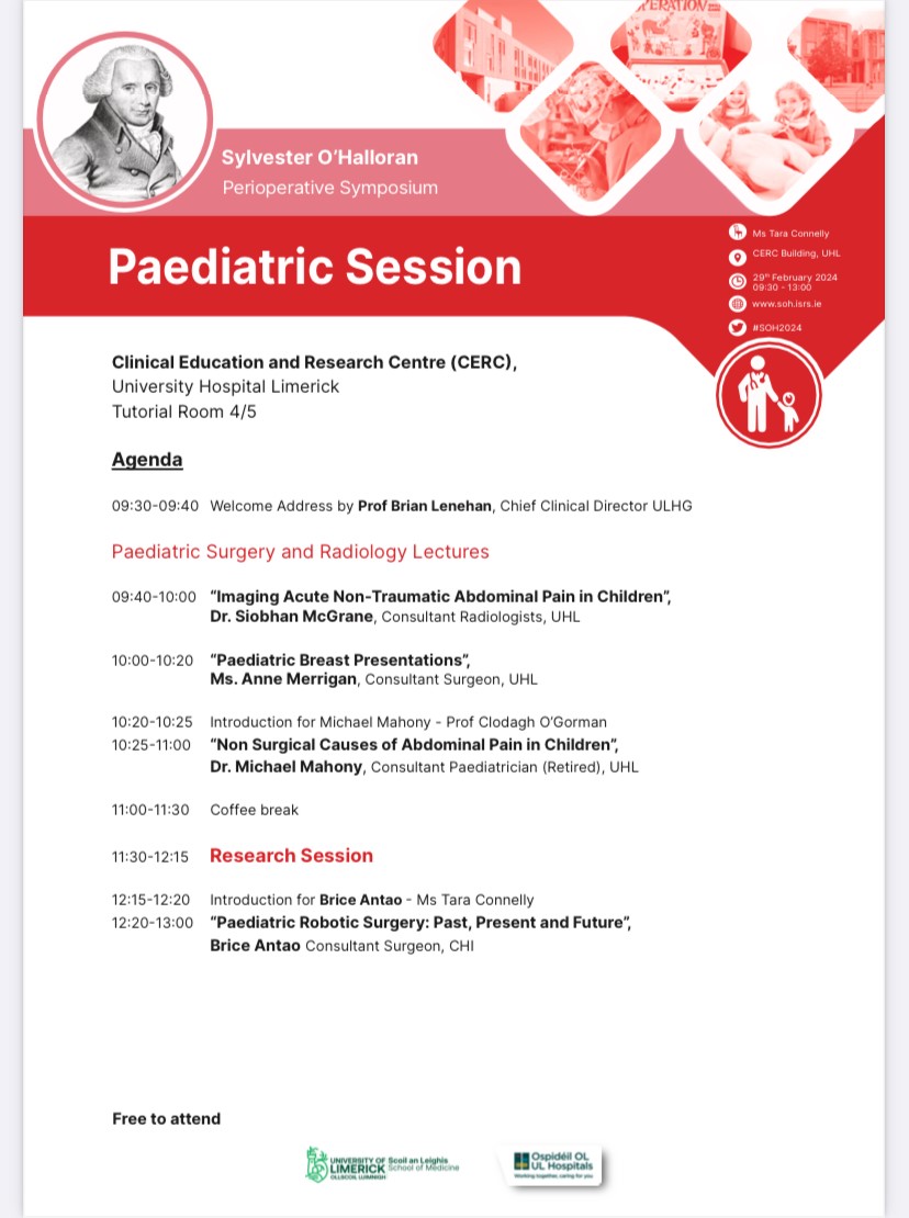 I am happy to share, I am organising the first ever Paediatric Surgery Session at the Sylvester O'Halloran meeting Feb 29 @ULHospitals. Free CME, a research session and interesting lectures for all levels! More info➡️bit.ly/3UOT4c3 #TeamULHG #Inauguralsession