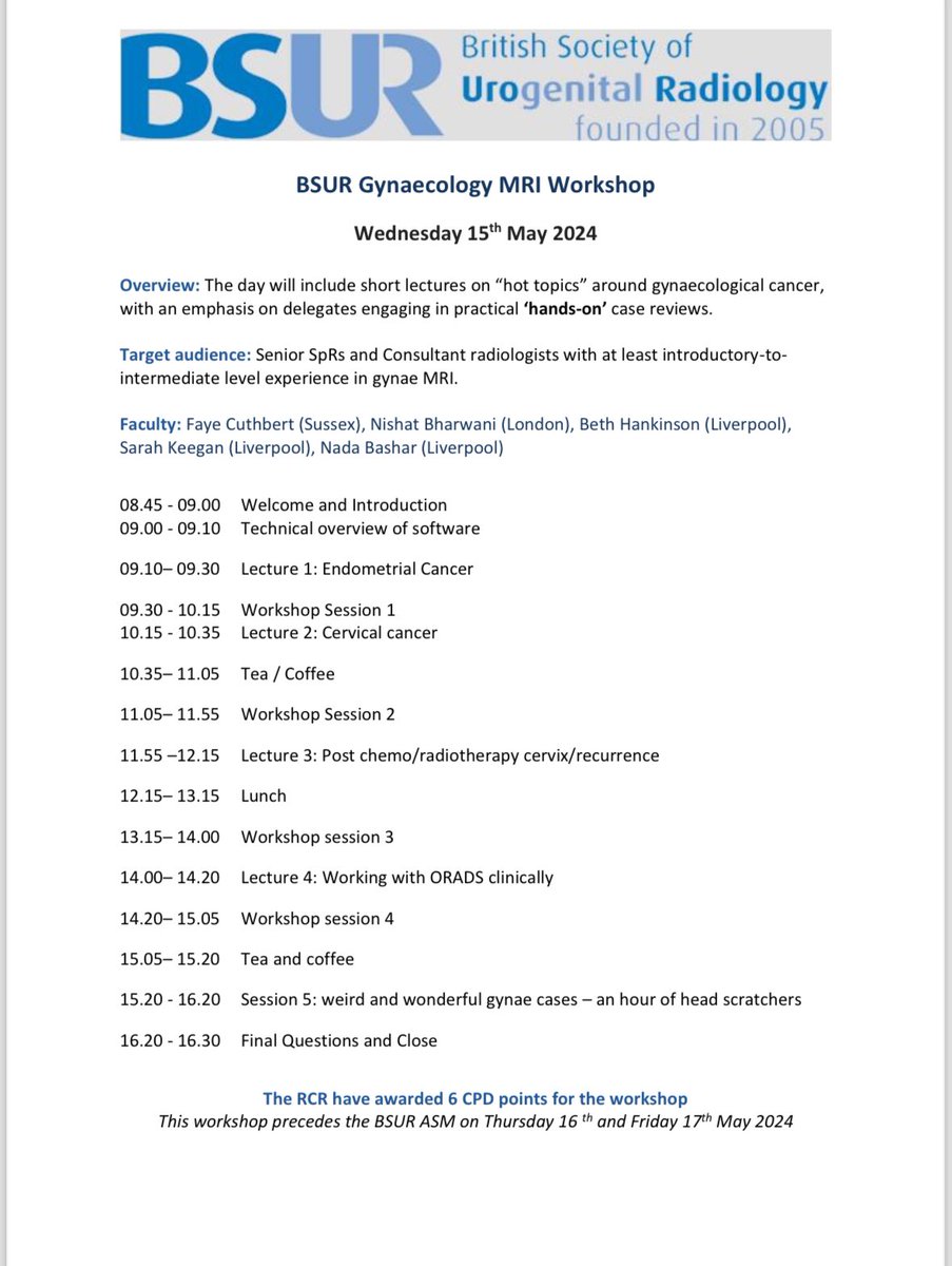 The British Society of Urogenital Radiology (@bsurorad) on Twitter photo The programme for the BSUR gynae MRI workshop is UP and available for booking
bsur.org.uk/meeting-bookin…
O-(rads) my GOSH you are in for a treat <a href="/CuthbertFaye1/">CuthbertFaye</a> <a href="/BharwaniNishat/">Nishat Bharwani</a> ⭐️⭐️⭐️ The programme for the BSUR gynae MRI workshop is UP and available for booking
bsur.org.uk/meeting-bookin…
O-(rads) my GOSH you are in for a treat <a href="/CuthbertFaye1/">CuthbertFaye</a> <a href="/BharwaniNishat/">Nishat Bharwani</a> ⭐️⭐️⭐️