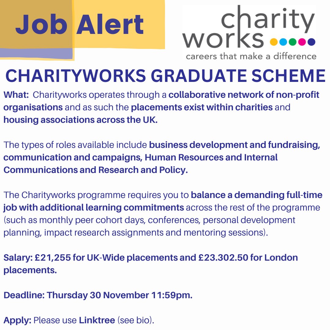 Charityworks are offering a graduate scheme that allows you to work with non-profit organisations across the UK in a variety of roles. With a great starting graduate salary and nationwide opportunities, this is definitely an opportunity not to be missed! See Linktree for more!