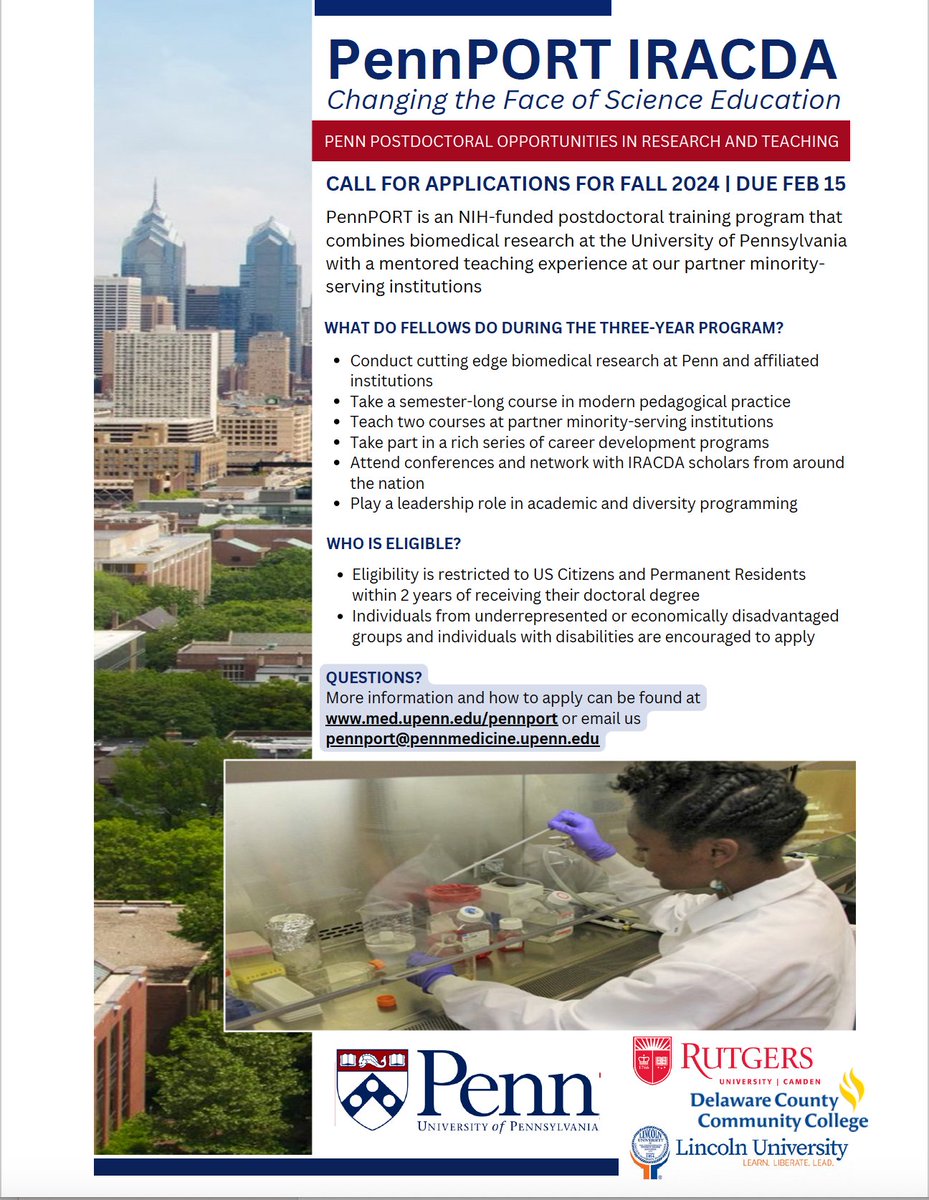 PennPORT_IRACDA's tweet image. Special leap year extension! @PennPORT IRACDA will continue to accept applications until Feb 29, 2024. 🧑🔬@PostdocJobs @BLACKandSTEM @cientificolatin @wi_stem #sciencejobs #STEM #postdoc #Fellowship @BlackInNeuro @BlackInImmuno @SACNAS