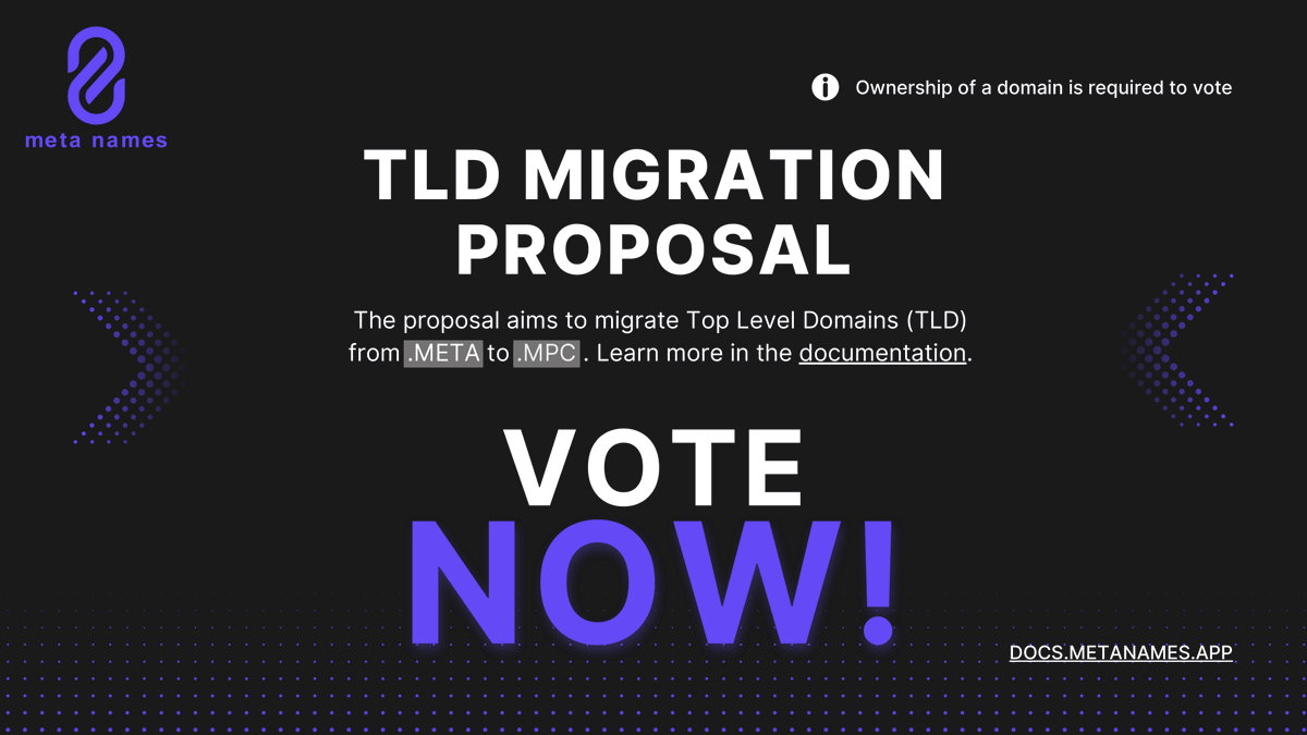 metanames_'s tweet photo. We're excited to announce our proposal to switch from the .META domain suffix to .MPC, aiming to transform our digital identity 🚀
The .MPC suffix aligns us with the @partisiampc  blockchain ($MPC token) and helps us avoid potential trademark conflicts 🌐

📢 Let your voice be heard, vote now at
https://t.co/B1bk56e9dX

Proposal deadline: 25 February

#meta #names #web3 #domains #partisia #mpc