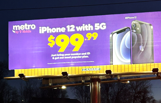 wave7jeff's tweet photo. T-Mobile and Metro sure do love outdoor advertising, per recent Wave7 Research reporting. Example? For tax season, Metro is heavily pushing the iPhone 12 at $99.99 for switchers. Here is a pic of a Metro billboard seen in Indiana on 2/14. https://t.co/dlDjkf08il