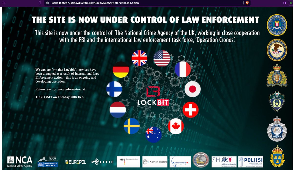 _SaxX_'s tweet photo. 🚨🔴CYBERALERT🔴 | l'infrastructure de #lockbit à terre suite à une opération des forces de l'ordre 

C'est la très bonne nouvelle du soir ! Le célèbre groupe de #ransomware au monde Lockbit est à terre suite à une opération baptisée #cronos de plusieurs forces de l'ordre : Royaume-Uni 🇬🇧, États-Unis 🇺🇸, France 🇫🇷, Suisse 🇨🇭, Canada 🇨🇦, Australie 🇦🇺, Suède 🇸🇪, Pays-Bas 🇳🇱, Finlande 🇫🇮, Allemagne 🇩🇪

Le site principal sur le darkweb des cybercriminels n'est plus ! L'accès aux autres mirroirs ou encore à leur leaked site sont toujours accessibles à date. 

Bravo à toutes les équipes pour ce beau coup ! Les cybercriminels ne restent pas impunis.

Quelle journée riche en nouvelles en tout cas ! 

Cybèrement vôtre,

SaxX

#operationcronos