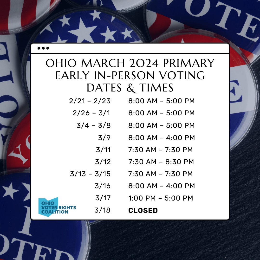 Early voting for the primary has begun! You have until March 17 to cast a ballot early at your county’s early vote location. Don’t forget to bring a valid photo ID with you as you make your voice heard at the ballot box! Find your early vote location: ohiosos.gov/elections/vote…