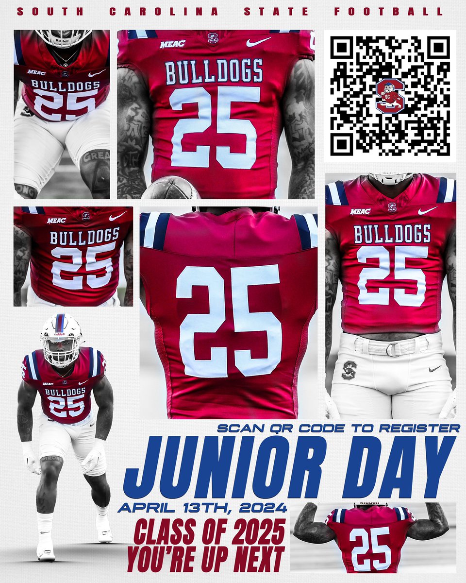 #GoDogs 🚨JUNIOR DAY is a GO🚨 On April 13th, your SC STATE FOOTBALL BULLDOGS will be HOSTING #JuniorDay! CLASS of 2025, you are up NEXT‼️ REGISTER by Clicking Link docs.google.com/forms/d/e/1FAI… @SCSTATE1896 @SCStateAthletic @MEACSports #PayTheFEE #DigDEEP #FearTheBITE 🔴🔵🐶🏈