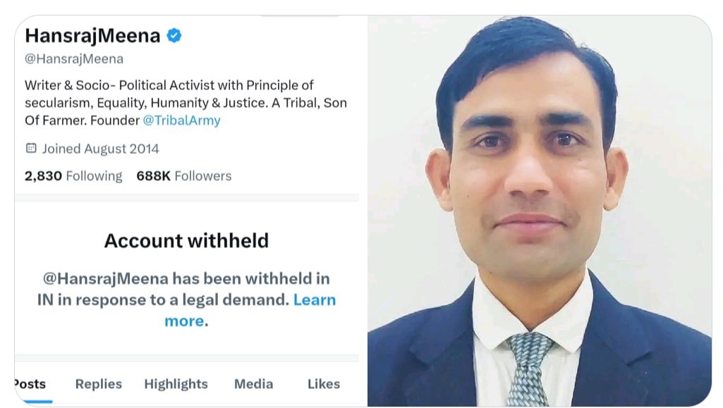 #India: Democracy is being strangled in India.
Two X (Twitter) accounts that raised voice for the tribals, <a href="/TribalArmy/">Tribal Army</a> and <a href="/HansrajMeena/">Hansraj Meena</a>, have been suspended in India.
 Shameful..! <a href="/YashMeghwal/">Yash Meghwal</a>
#Restore_HansrajMeena

<a href="/UN/">United Nations</a> <a href="/UNICEFIndia/">UNICEF India</a> <a href="/PMOIndia/">PMO India</a> <a href="/HMOIndia/">गृहमंत्री कार्यालय, HMO India</a> <a href="/rashtrapatibhvn/">President of India</a>