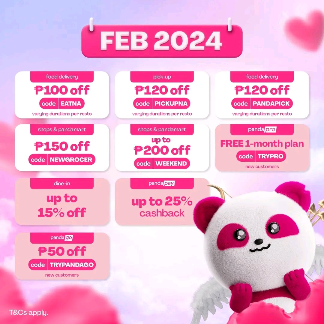 Food Panda Voucher Today 🐼
Redeem Here: bit.ly/47ZbZUR

EATNA
☑️ ₱100 off / varies per resto 
☑️ Food Delivery

PANDAPICK
☑️ ₱100 off / varies per resto 
☑️Food Delivery

SNACKTIME
☑️ ₱150 off 
☑️Shops and pandamart

➡ more vouchers here: bit.ly/47ZbZUR