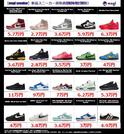 magi_sneaker's tweet photo. 【Magi Kicks原宿】
 本日の買取スニーカー一覧です。
 サイズによって金額は異なります。  
 新品でも目立つ傷等がある場合は減額させて頂くことがあります。 

 #MagiKicks原宿 #MagiKicks #magi_sneaker #スニーカー買取 https://t.co/icjRkJGyMg