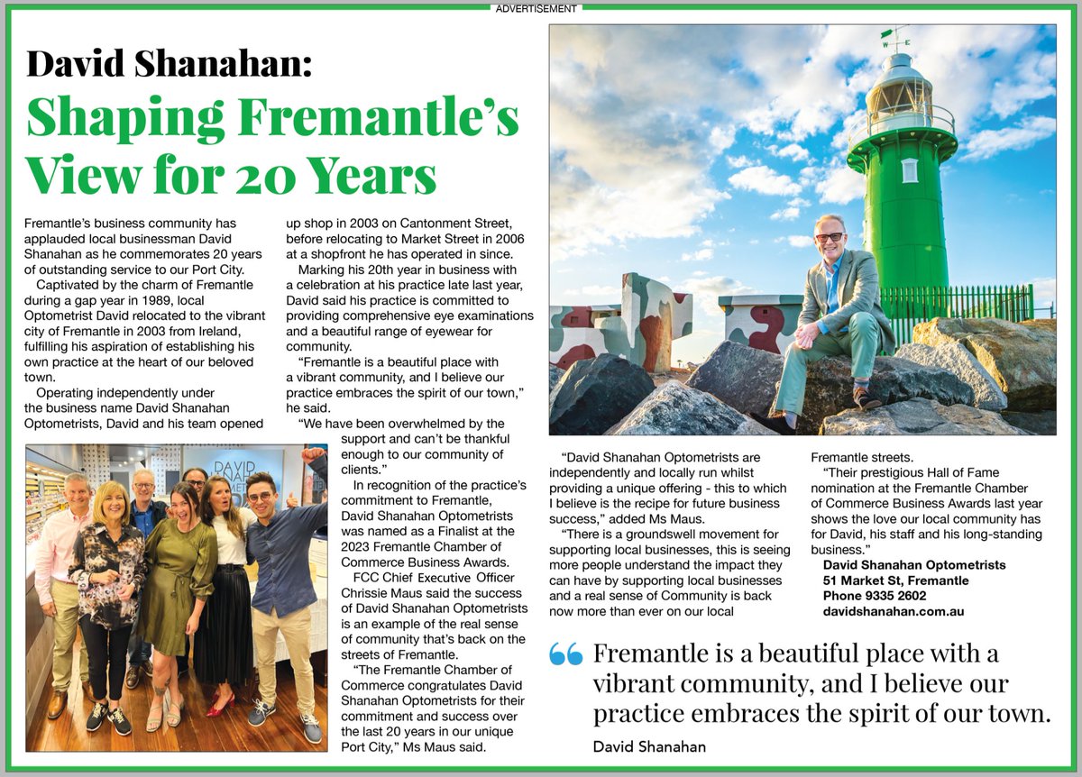 In a recent feature for the Perth Voice, I explored the impact of my family's beloved practice on independent business in Fremantle since its inception in 2003.

I spoke with Fremantle Chamber CEO Chrissie Maus who praised David's business for the example it set for community.