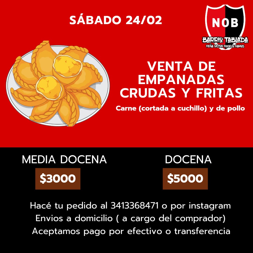 BarrioTablada's tweet photo. 🔴 Venta de empanadas ⚫️
Realiza tu pedido y colabora con la peña.

Los envíos se realizarán a partir de las 20hs https://t.co/jMjzfAln1T