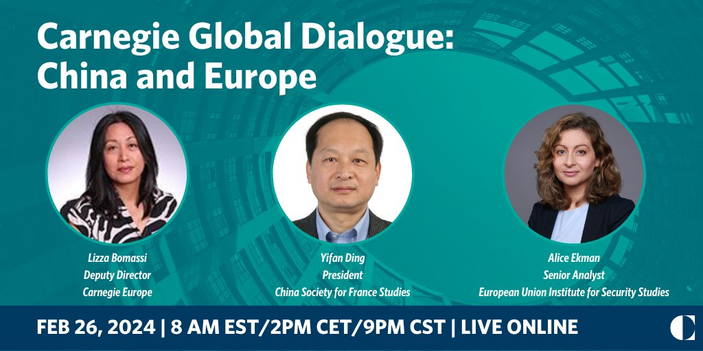How does European countries view #China’s shifting foreign policy? What are China’s goals & ambitions in #Europe? Join our 3rd #CarnegieGlobalDialogue2024 with @LizzaBomassi, Yifan Ding & @alice_ekman on 🇨🇳🇪🇺 next MON (Feb 26) at 8am EST/2pm CET/9pm CST: carnegieendowment.org/2024/02/26/car…