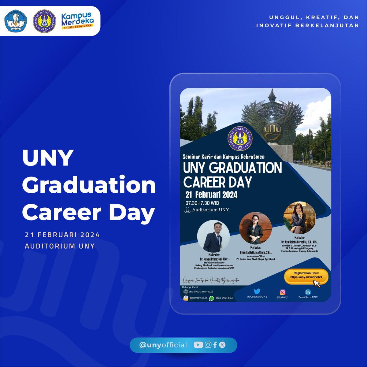 “UNY Graducation Career Days” Gratis dan Khusus untuk Calon Wisudawan UNY Rabu, 21 Februari 2024, pada jam 07.30 – 14.30 WIB Di Auditorium Universitas Negeri Yogyakarta Materi Seminar Karir - Sharing Seassion & Motivasi - Talk Show - Campus Hiring Ayo ajak teman-teman Calon…